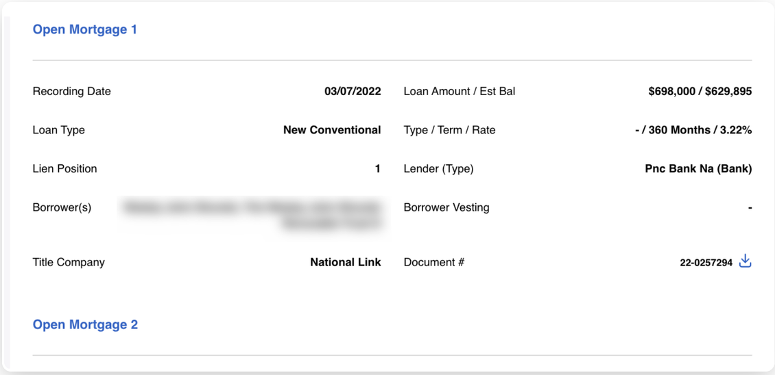 The open-mortgage section of a property profile: recording date, loan amount and estimated balance, loan type, term and rate, lien position and lender.